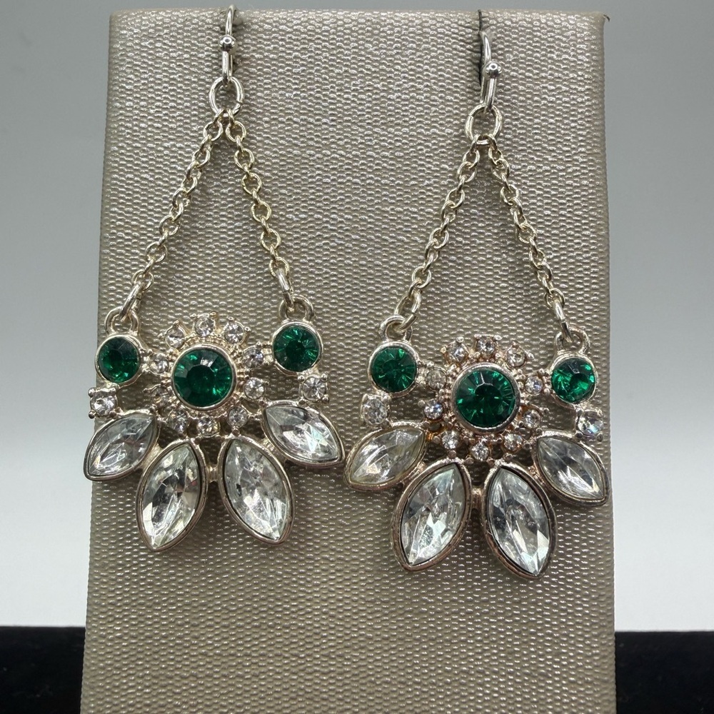 NRQ Green & Clear Rhinestone Statement Drop Earrings Gold Tone 2”